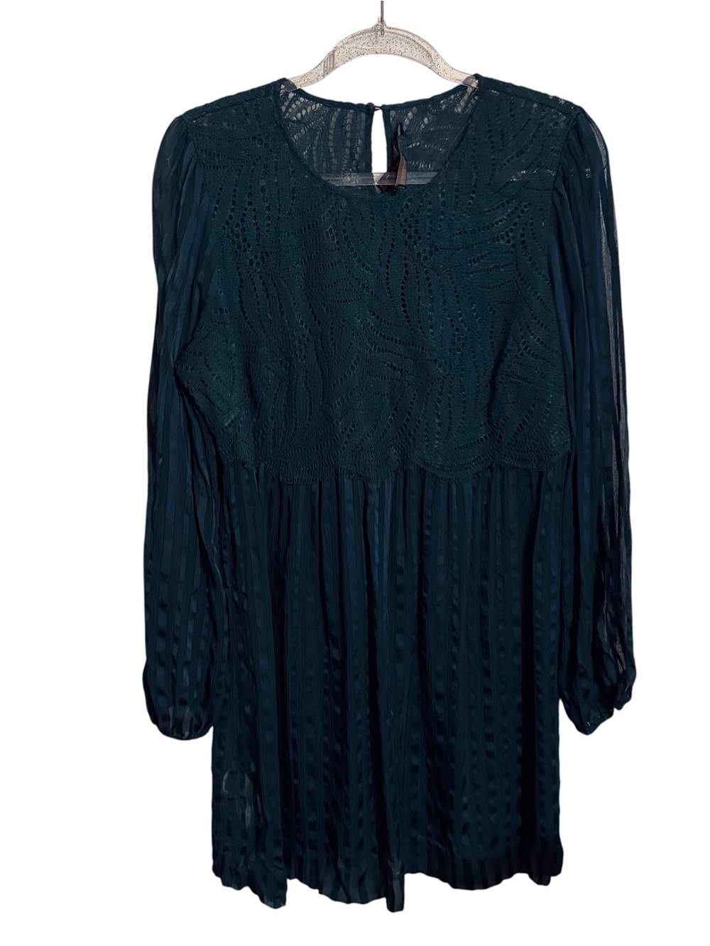 BCBG Max Azria Large Green Lace Mini Dress Long Sleeve Silk Sheer Coquette
